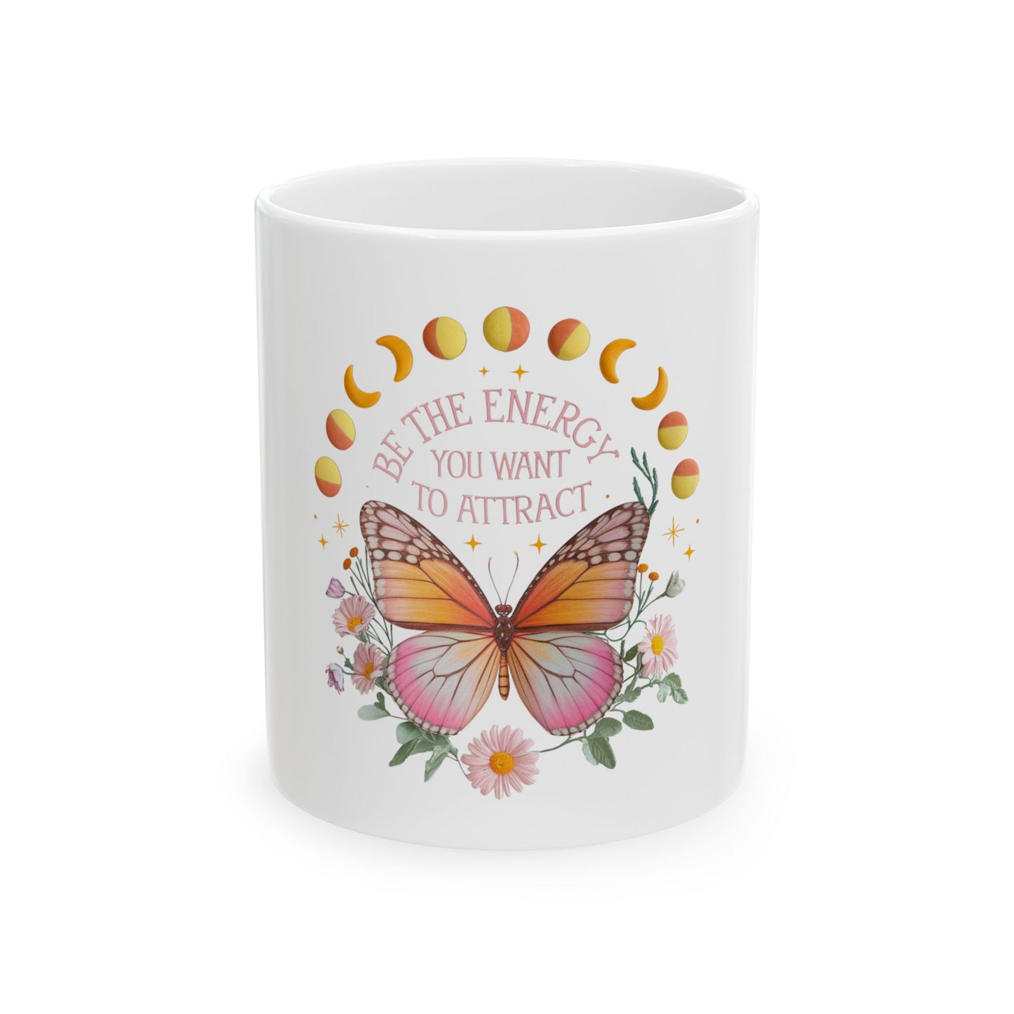 Butterfly Energy Ceramic Mug - Inspirational Coffee Cup, Moon Phases Mug, Nature Lover Gift, Positive Vibes Drinkware, Spiritual Decor
