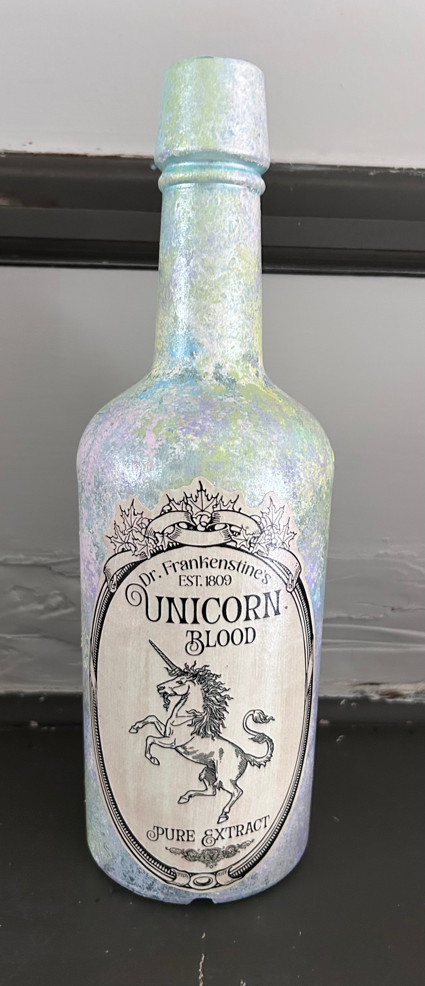 Hand painted decorative Unicorn Blood bottle