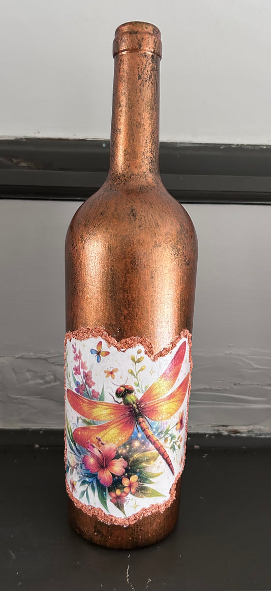 Hand painted decorative orange dragonfly bottle