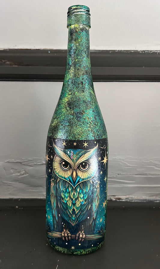 Hand painted decorative green owl bottle